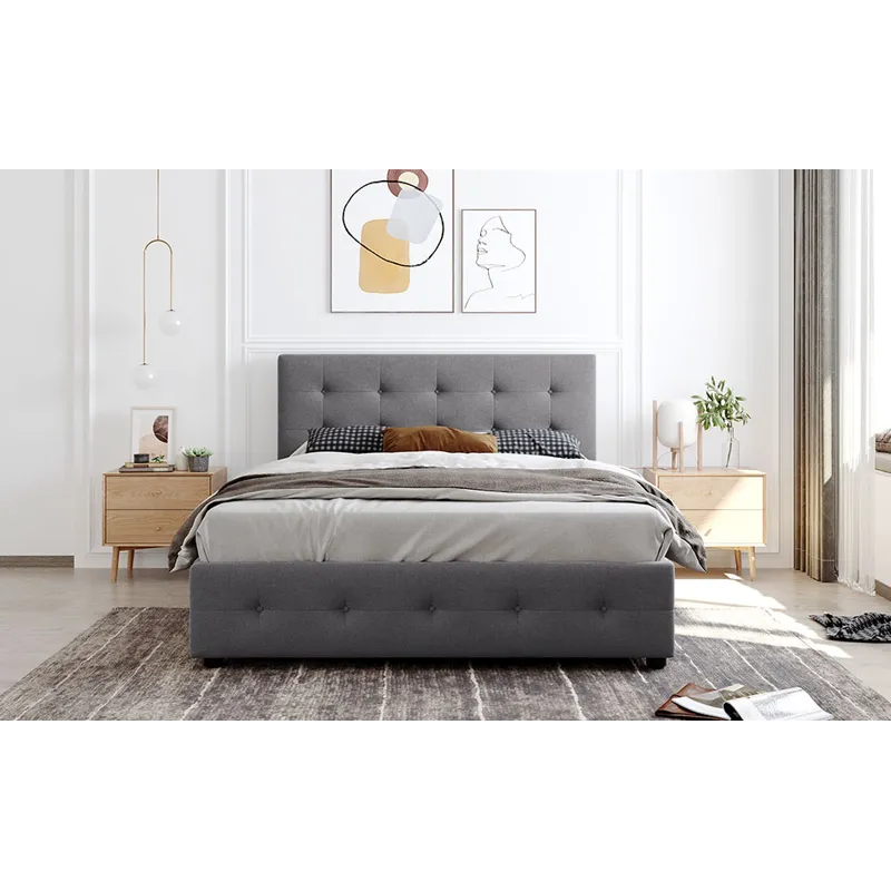 Queen Size Upholstered Platform Bed With Classic Headboard And 4 Drawers, No Box Spring Needed - Lig