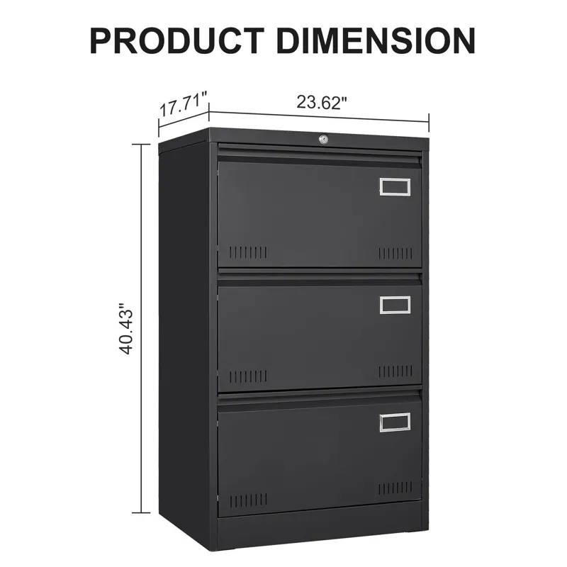 Filing Cabinet Lateral File Cabinet 3 Drawer, Blcak Locking Metal File Cabinets Three Drawer, Office
