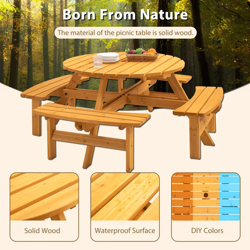 8 Person Wooden Picnic Table, Outdoor Camping Dining Table With Seat, Garden, Diy With 4 Built-In Be