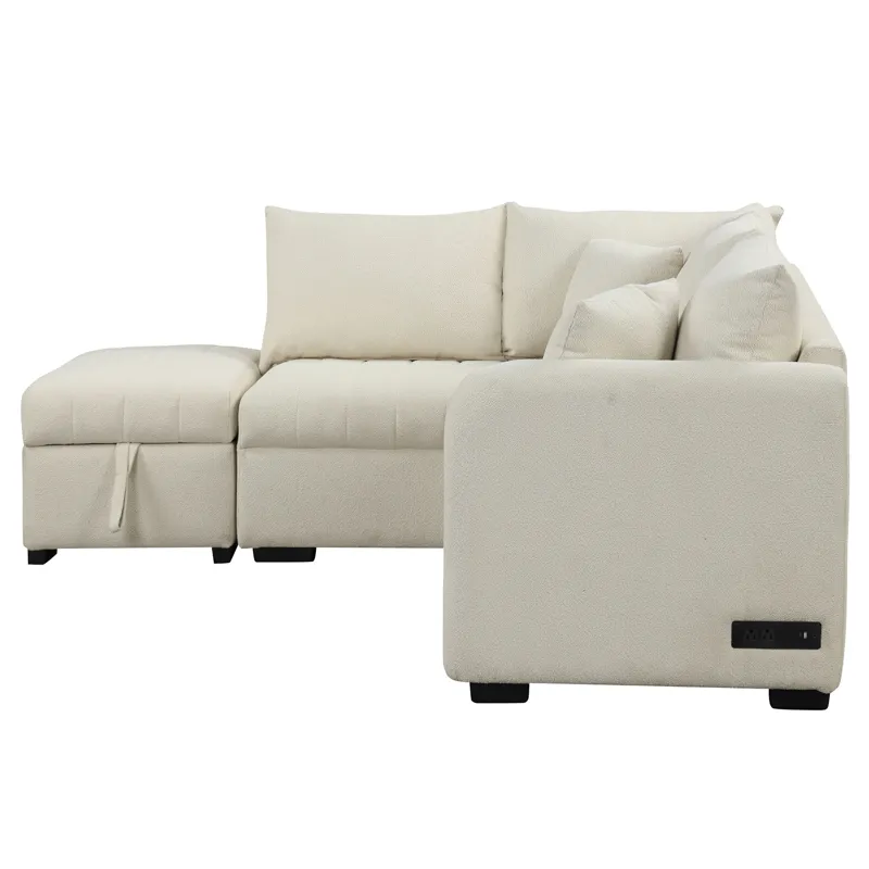 L-Shaped Sectional Pull Out Sofa Bed Sleeper Sofa With Two USB Ports, Two Power Sockets And A Movabl