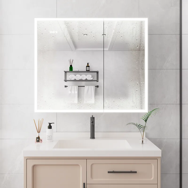 Bathroom Medicine Cabinet With Lights, 36×30" LED Medicine Cabinet With Mirror, Double Door Lighted Medicine Cabinet With Defogger, Dimmer, Clock & Temp Display, 2 Outlets & USB Ports - Silver