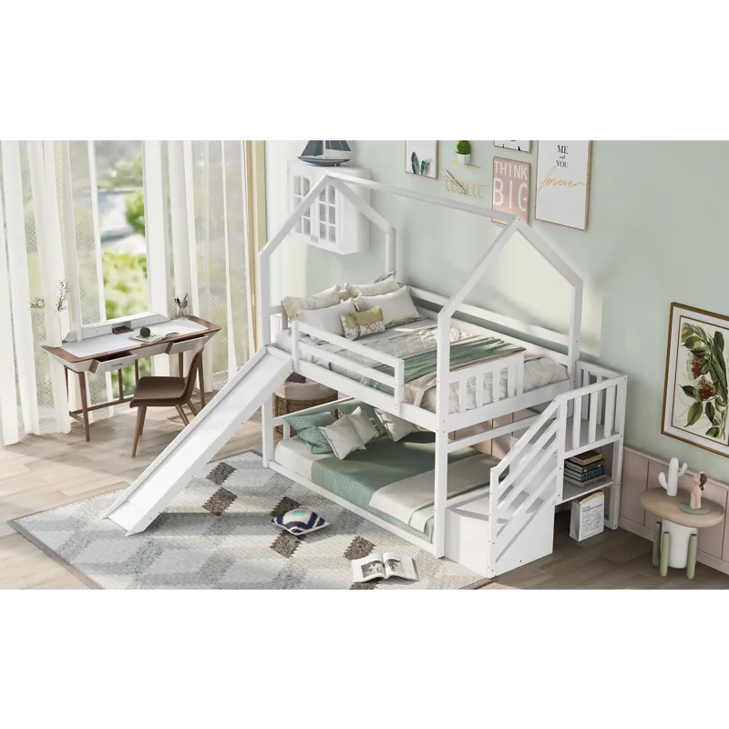 Twin Over Twin House Bunk Bed With Convertible Slide, Storage Staircase - White