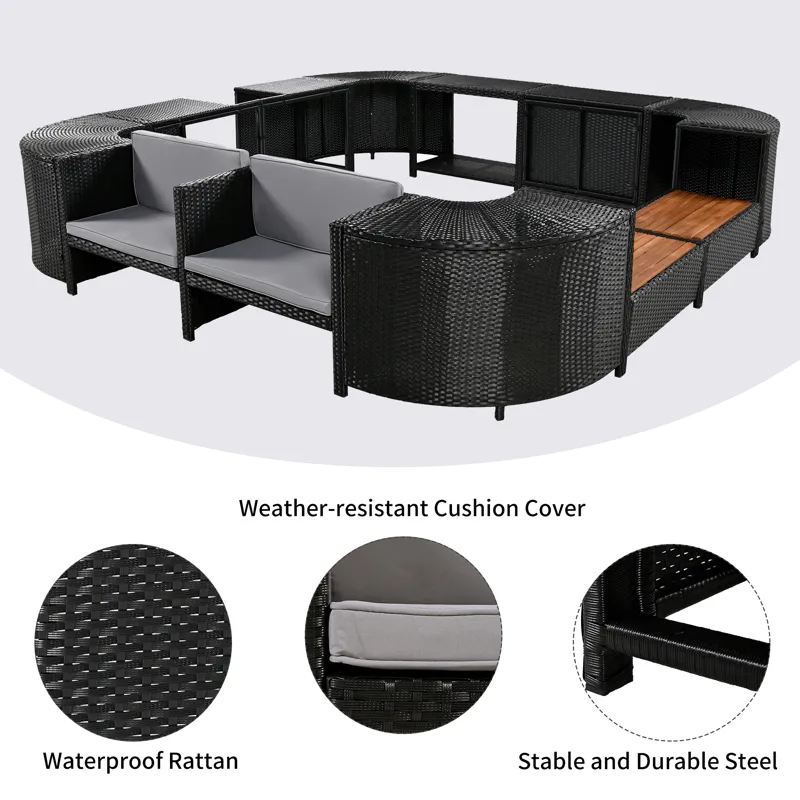 Spa Surround Spa Frame Quadrilateral Outdoor Rattan Sectional Sofa Set With Mini Sofa, Wooden Seats 