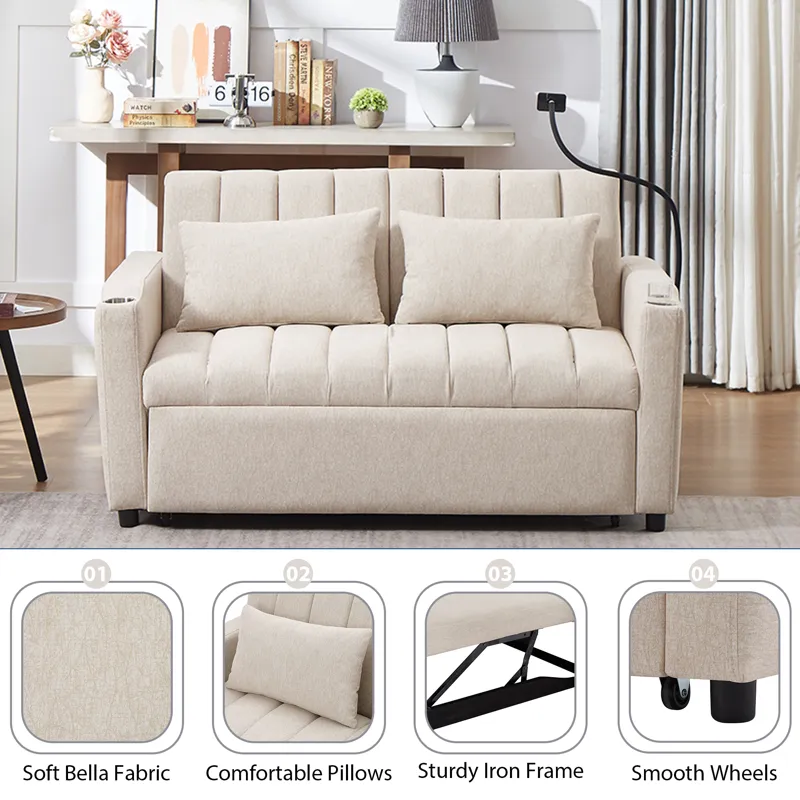 Convertible Sofa Bed Loveseat Sofa With Three USB Ports, Two Side Pockets, Two Cup Holders And 360° 
