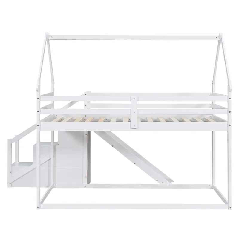 Twin Over Twin House Loft Or Bunk Bed With Slide And Staircase - White