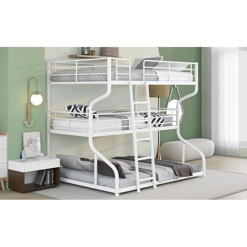 Full Long Over Twin Long Over Queen Size Triple Bunk Bed With Long And Short Ladder - White