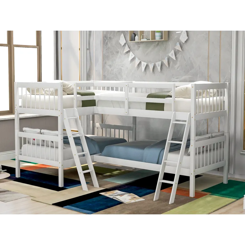 Twin L-Shaped Bunk Bed With Ladder - White