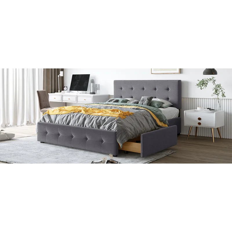 Queen Size Upholstered Platform Bed With Classic Headboard And 4 Drawers, No Box Spring Needed - Dar