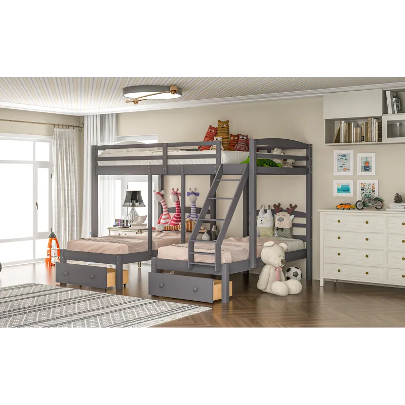 Full Over Twin & Twin Bunk Bed, Triple Bunk Bed With Drawers - Gray