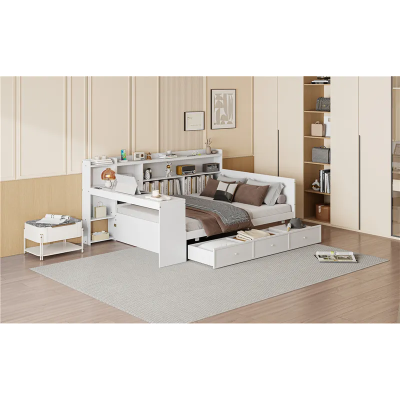 Full Size Wooden Daybed With 3 Drawers, USB Ports And Desk - White