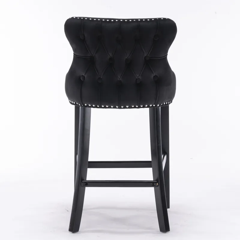 Contemporary Velvet Upholstered Wing-Back Barstools With Button Tufted Decoration And Wooden Legs, A