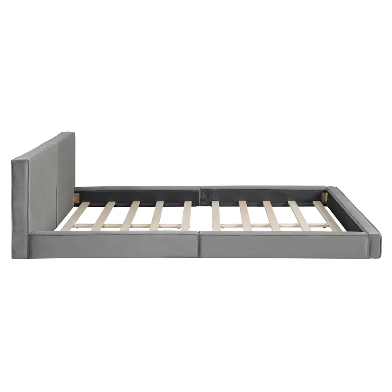 Queen Size Upholstered Platform Bed With , Grounded Bed With Solid Frame - Gray
