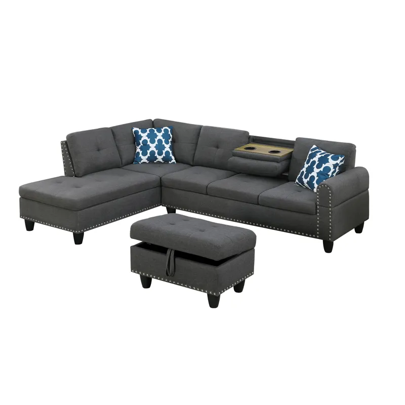 Alger - 98" Wide Left Hand Facing Sofa & Chaise With Ottoman - Dark Gray
