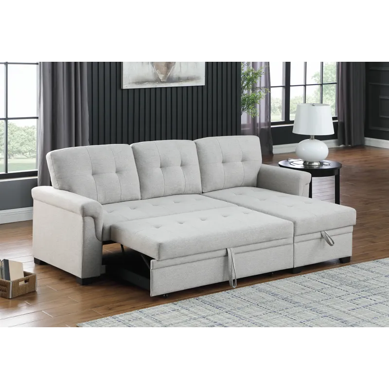 Lucca - Linen Reversible Sleeper Sectional Sofa With Storage Chaise - Light Gray