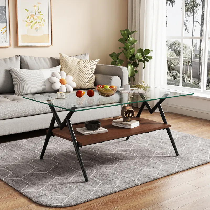 Rectangle Coffee Table With Tempered Glass Top And Metal Legs, Modern Table For Living Room, Transpa