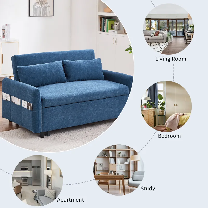 Pull Out Sleep Sofa Bed Loveseats Sofa Couch With Adjsutable Backrest, Storage Pockets, 2 Soft Pillo