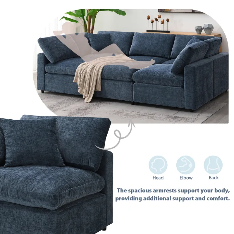 Modern Modular Cloud Sofa Bed, 6 Seat Chenille Sectional Couch Set With Ottoman, Free Combination, C