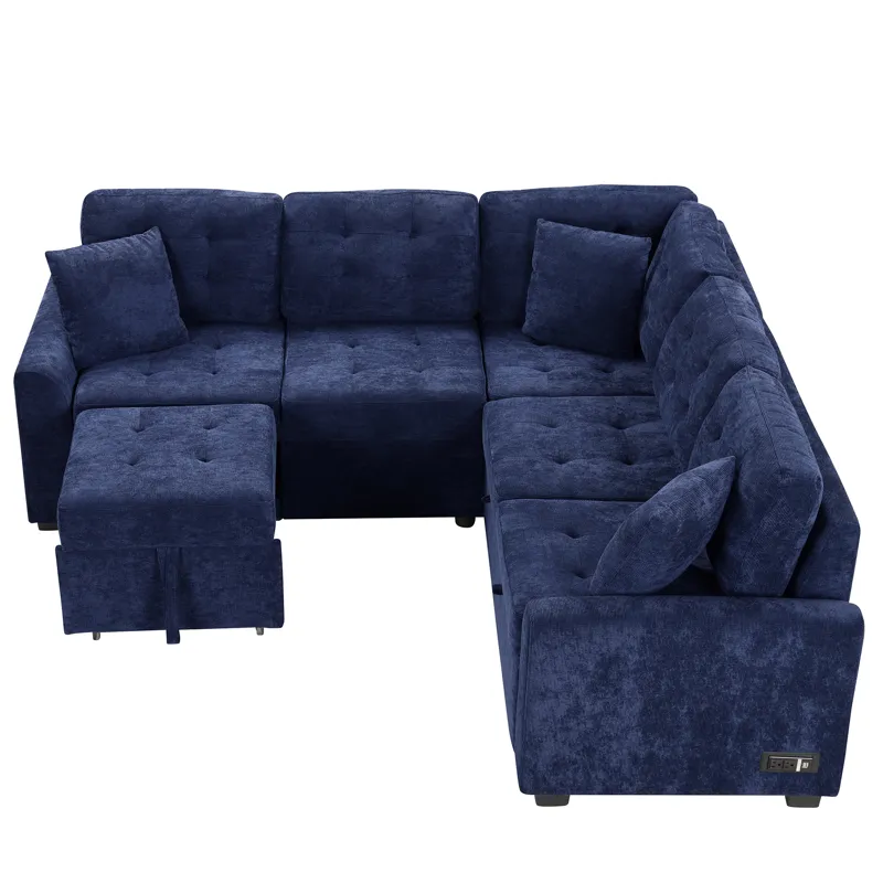 L-Shape Sofa Bed Pull-Out Sleeper Sofa With Wheels, USB Ports, Power Sockets For Living Room - Navy 