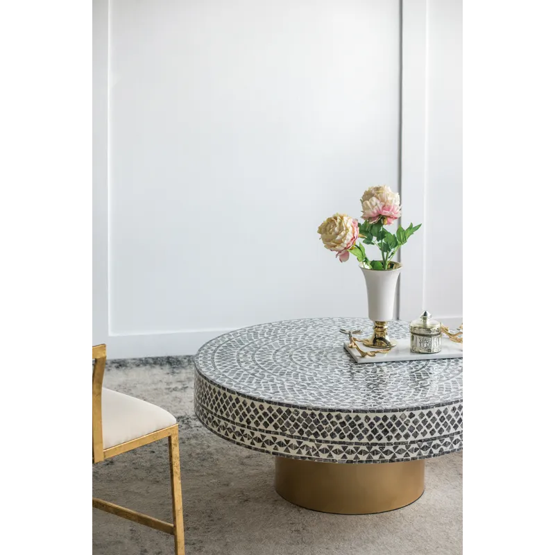 Unique Capiz Coffee Table With Pedestal Base - Gray / Ivory / Gold