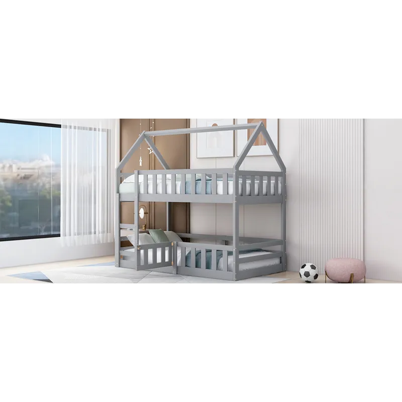 Twin Over Twin House Bunk Bed With Fence And Door - Gray