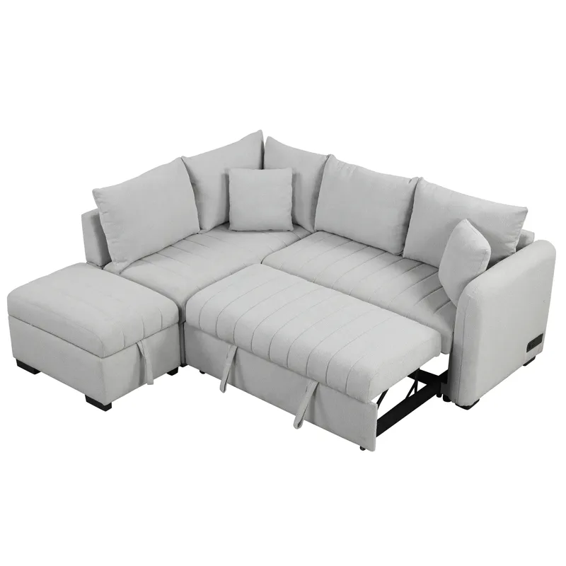 L-Shaped Sectional Pull Out Sofa Bed Sleeper Sofa With Two USB Ports, Two Power Sockets And A Movabl