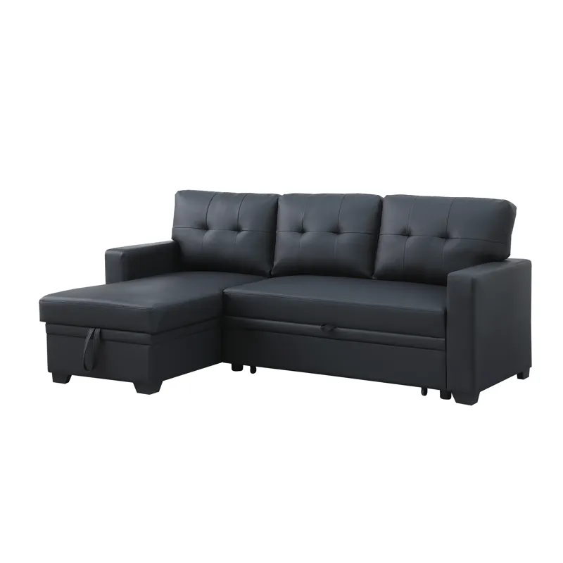 Upholstered Pull Out Sectional Sofa With Chaise - Black