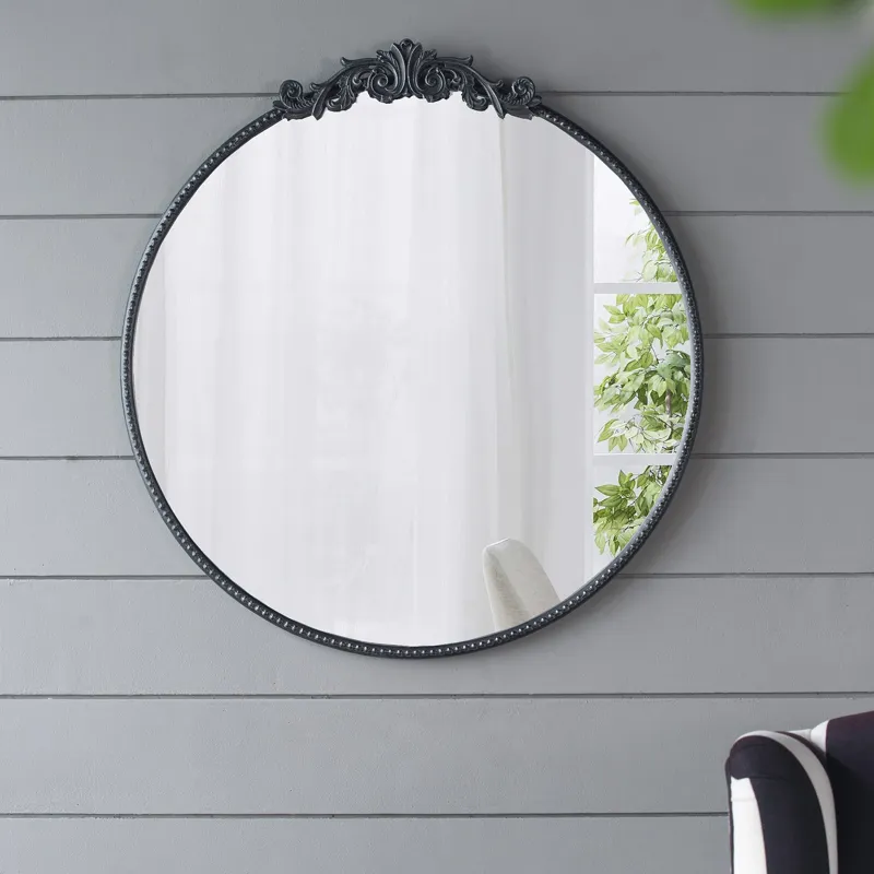 Classic Design Mirror With Round Shape And Baroque Inspired Frame For Bathroom, Entryway Console Lea