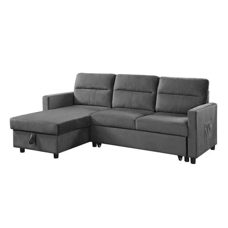 Ivy - Velvet Reversible Sleeper Sectional Sofa With Storage Chaise And Side Pocket - Dark Gray