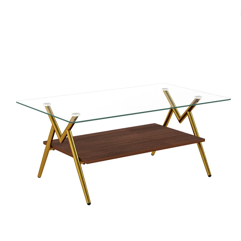 Rectangle Coffee Table With Tempered Glass Top And Golden Metal Legs, Modern Table For Living Room, 