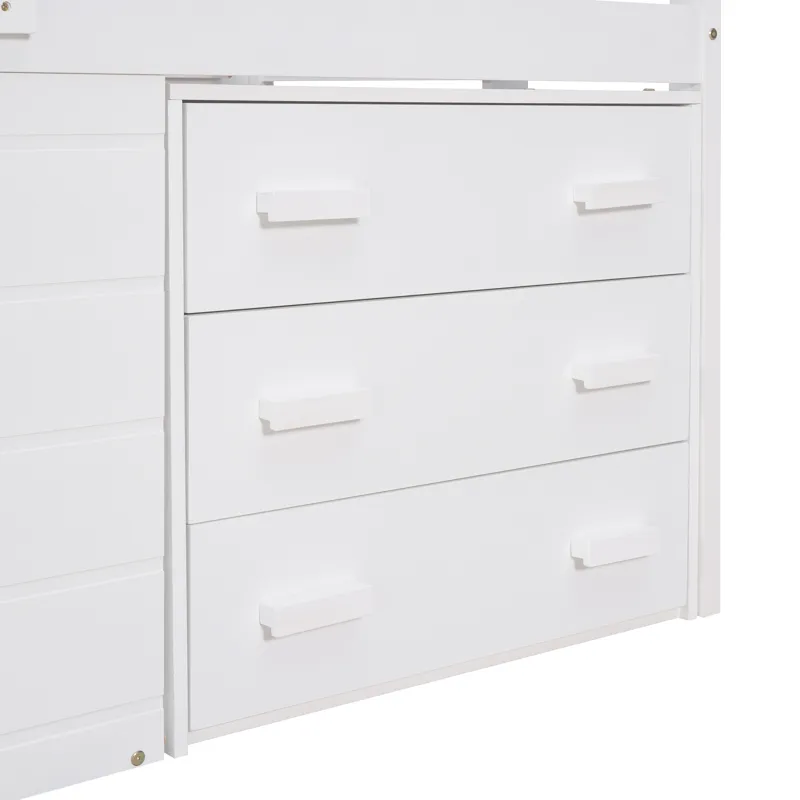 Twin Size Loft Bed With Cabinet And Shelf - White
