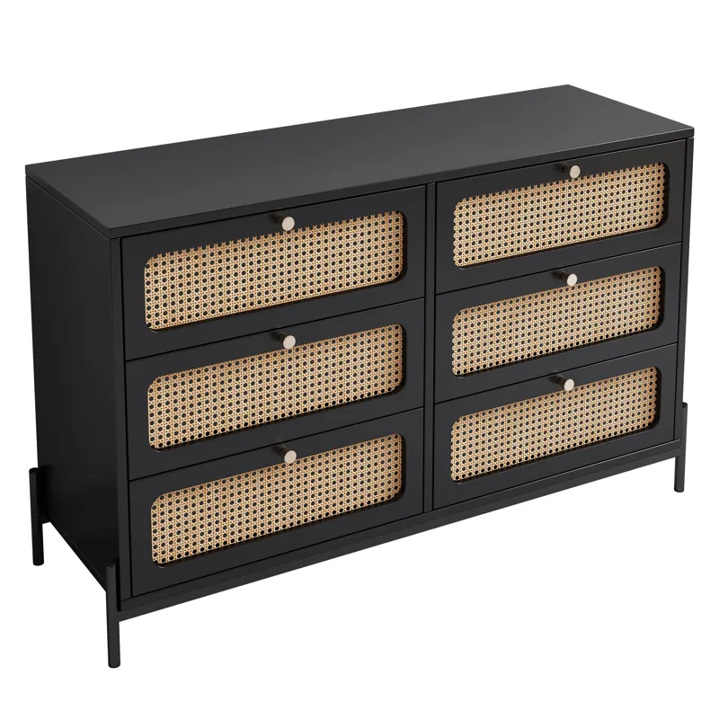 Modern Cannage Rattan Wood Closet 6 Drawer Dresser Wood Storage Cabinet Sideboard For Bedroom, Livin