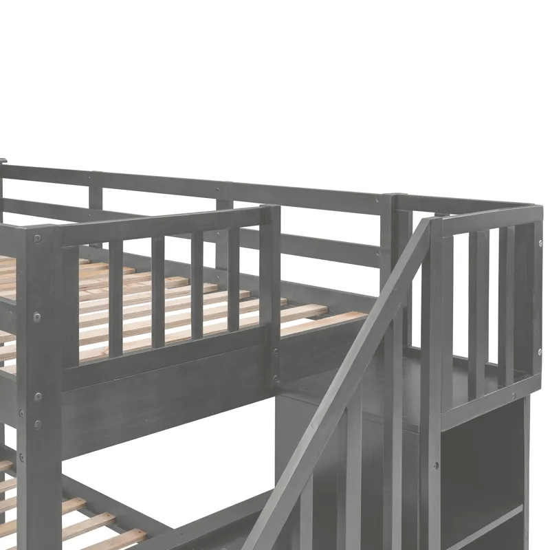 Twin Over Full Stairway Bunk Bed With Drawer, Storage And Guard Rail For Bedroom, Dorm, For Adults -
