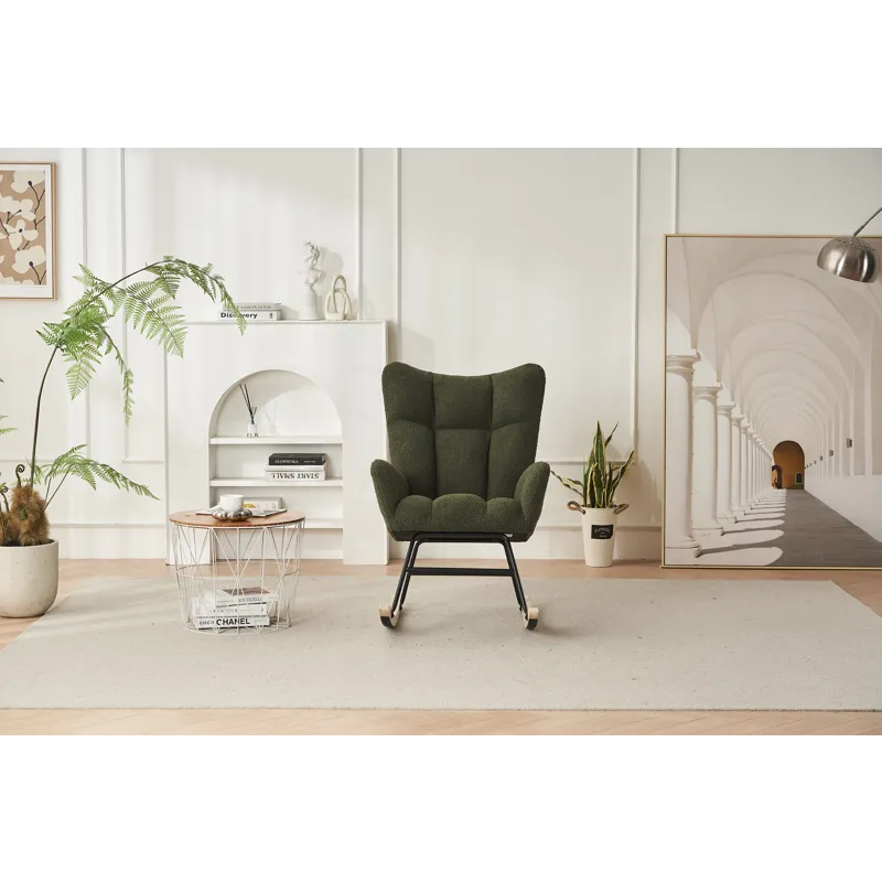 37.7\" Rocking Chair Nursery, Solid Wood Legs Reading Chair With Teddy Fabric Upholstered, Nap Armch