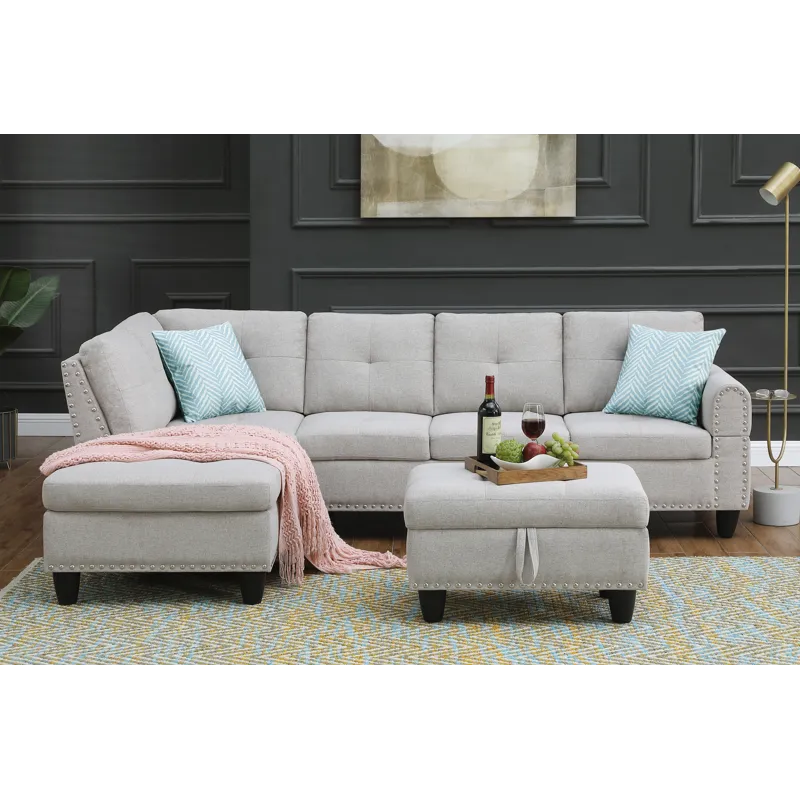 Alger - 98" Wide Left Hand Facing Sofa & Chaise With Ottoman - Light Gray