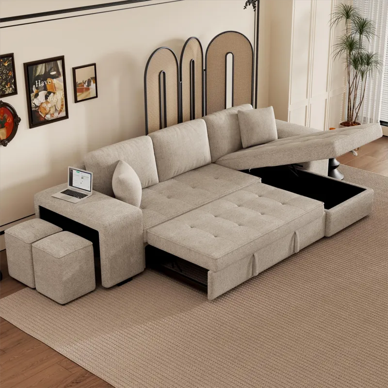 Modern L-Shape 3 Seat Reversible Sectional Couch, Pull Out Sleeper Sofa With Storage Chaise And 2 St