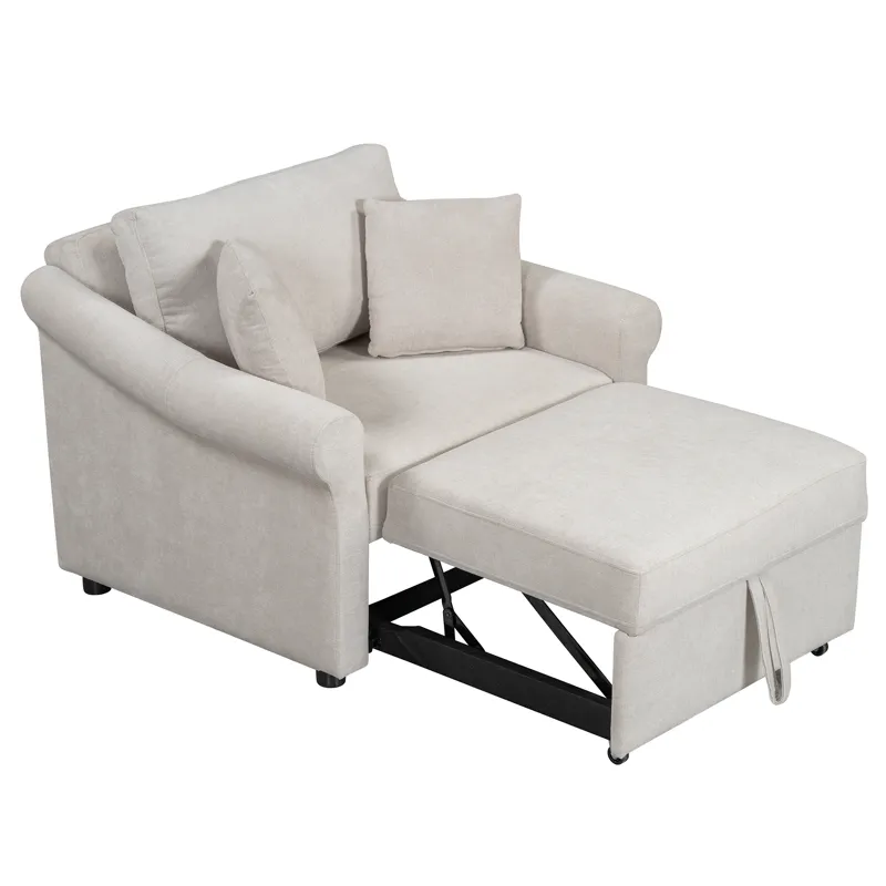 Chenille Convertible Sleeper Chair With Adjustable Backrest, 3 In 1 Lounger Chair Turns Into Bed, Si