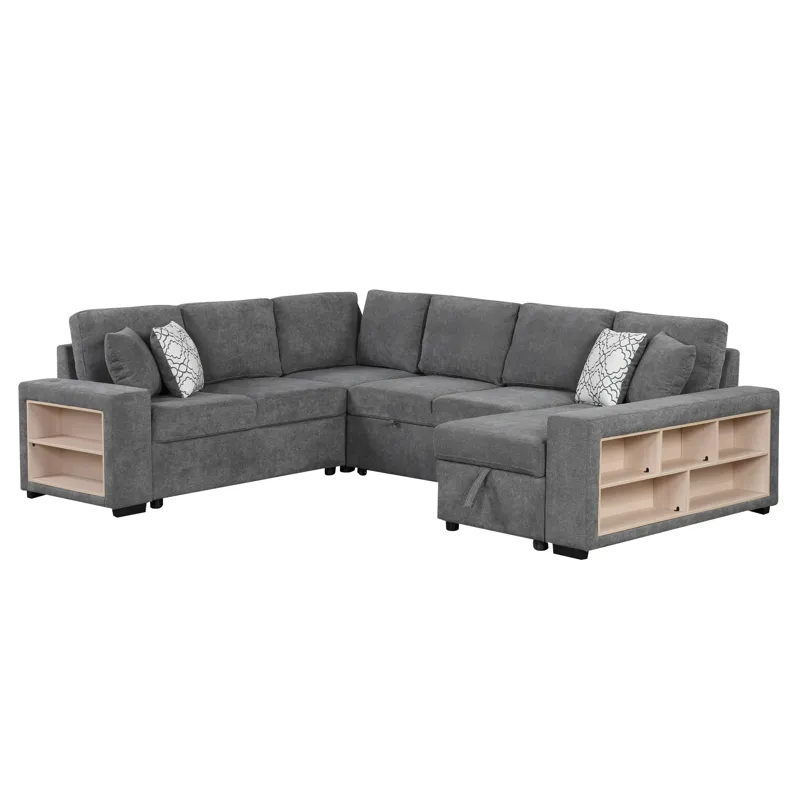 U-Shaped Sectional Sofa Pull-Out Sofa Bed With Two USB Ports, A Storage Chaise Lounge And Four Back 