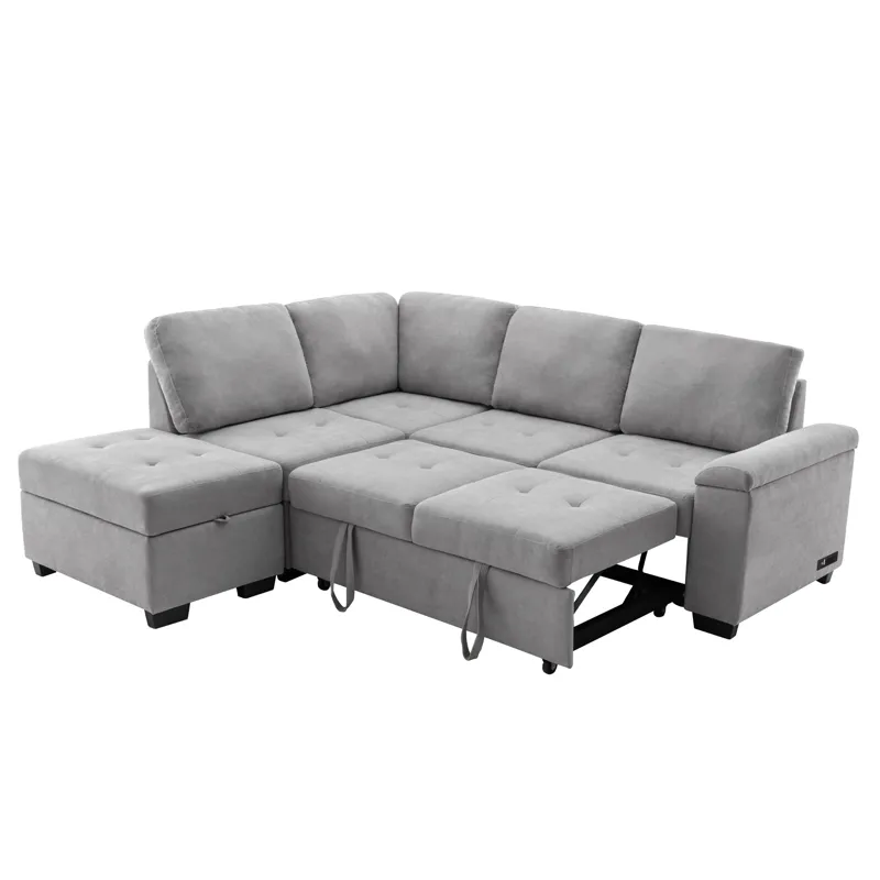Sleeper Sectional Sofa, L-Shape Corner Couch Sofa - Bed With Storage Ottoman & Hidden Arm Storage & 