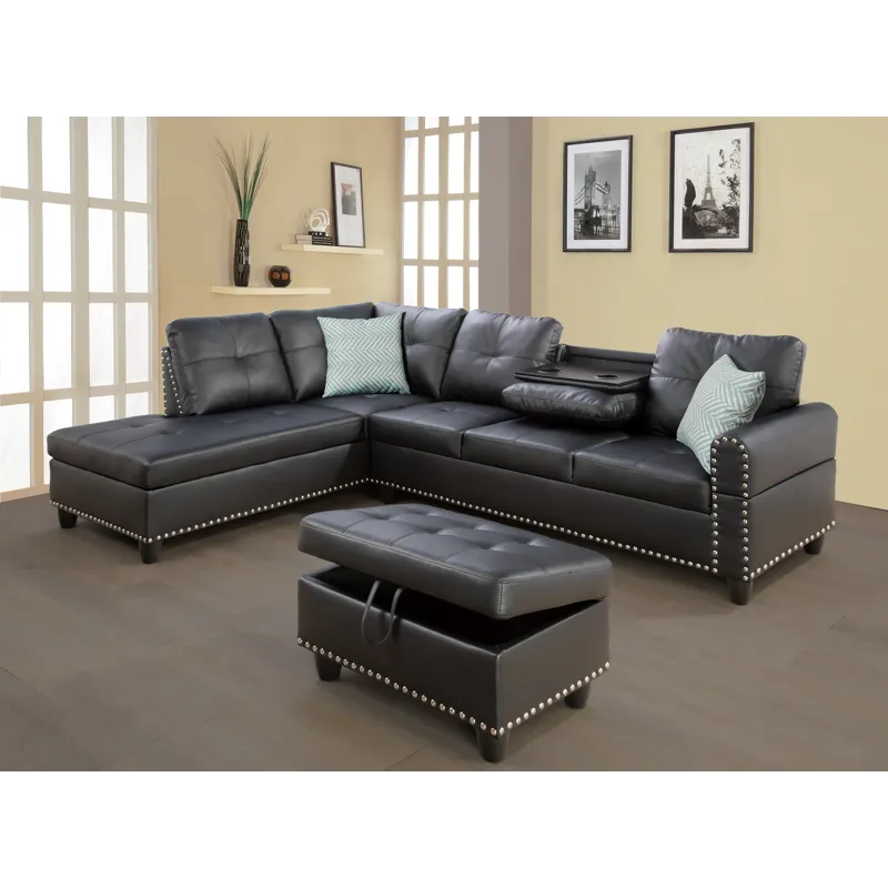 Irine - Faux Leather Sectional Sofa With Ottoman - Black