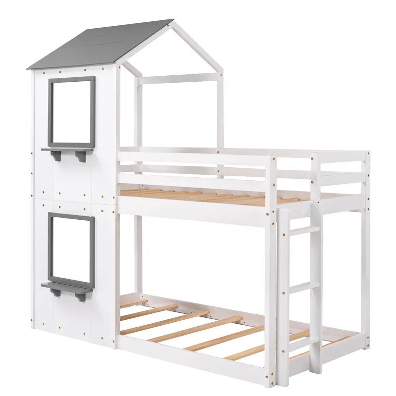 Twin Over Twin Bunk Bed Wood Bed & Roof, Window, Guardrail, Ladder - White