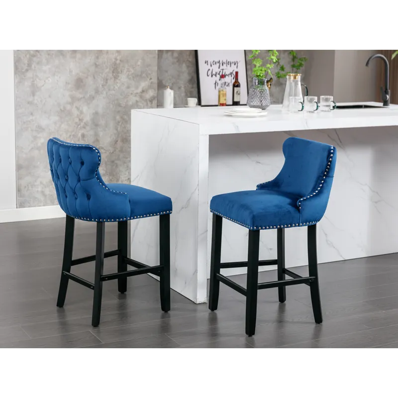 Contemporary Velvet Upholstered Wing-Back Barstools With Button Tufted Decoration And Wooden Legs, A
