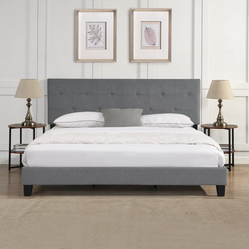 King Size Upholstered Platform Bed Frame With Button Tufted Linen Fabric Headboard, No Box Spring Ne
