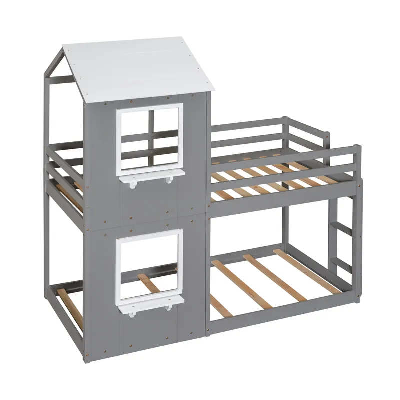 Twin Over Twin Bunk Bed Wood Bed With Roof, Window, Guardrail, Ladder - White