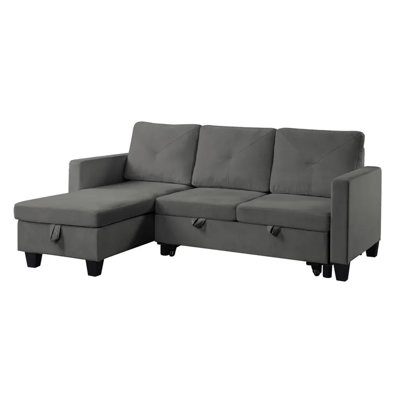 Nova - Velvet Reversible Sleeper Sectional Sofa With Storage Chaise - Dark Gray