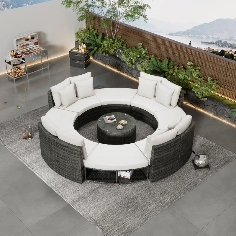 Outdoor Patio Furniture Luxury Circular Sofa Set Rattan Wicker Sectional Sofa Lounge Set With Temper