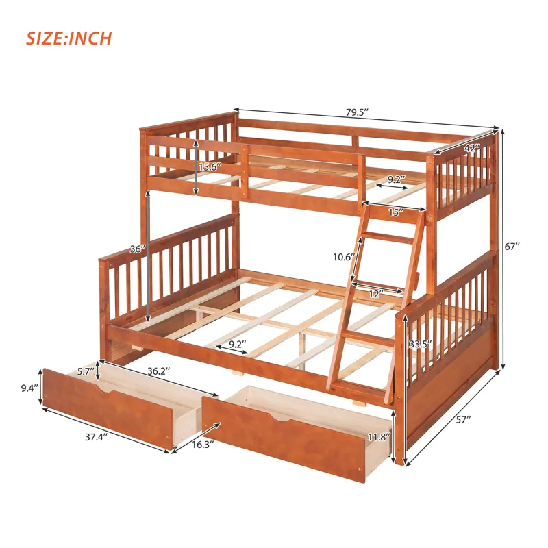 Twin Over Full Bunk Bed With Ladders And Two Storage Drawers - Walnut