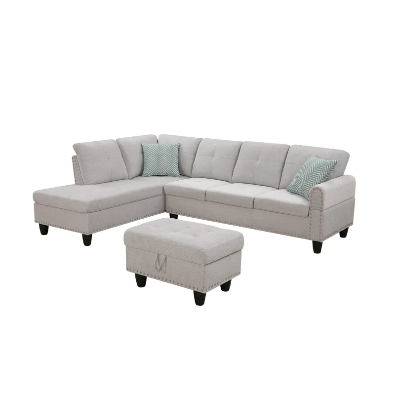 Alger - 98" Wide Left Hand Facing Sofa & Chaise With Ottoman - Light Gray