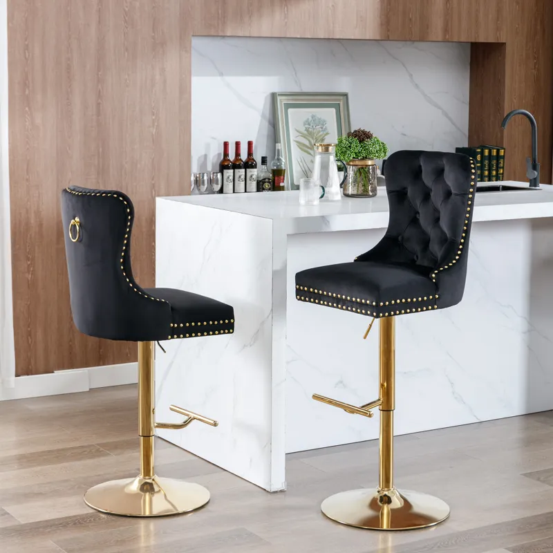 Thick Golden Swivel Velvet Barstools Adjusatble Seat Height From 27-35\", Modern Upholstered Bar Sto