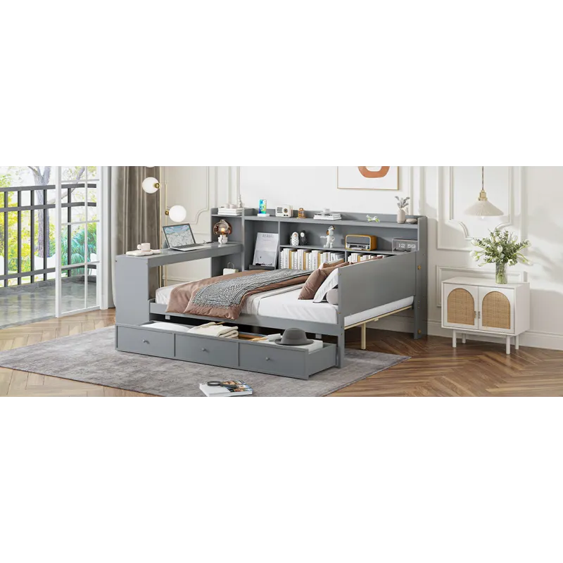 Full Size Wooden Daybed With 3 Drawers, USB Ports And Desk - Gray