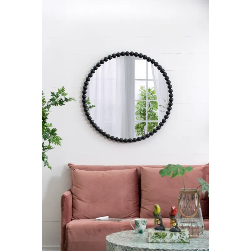 Circle Mirror With Metal Beaded Frame, Wall Mirror For Living Room Bedroom Entryway - Black